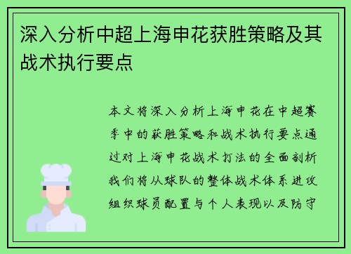 深入分析中超上海申花获胜策略及其战术执行要点